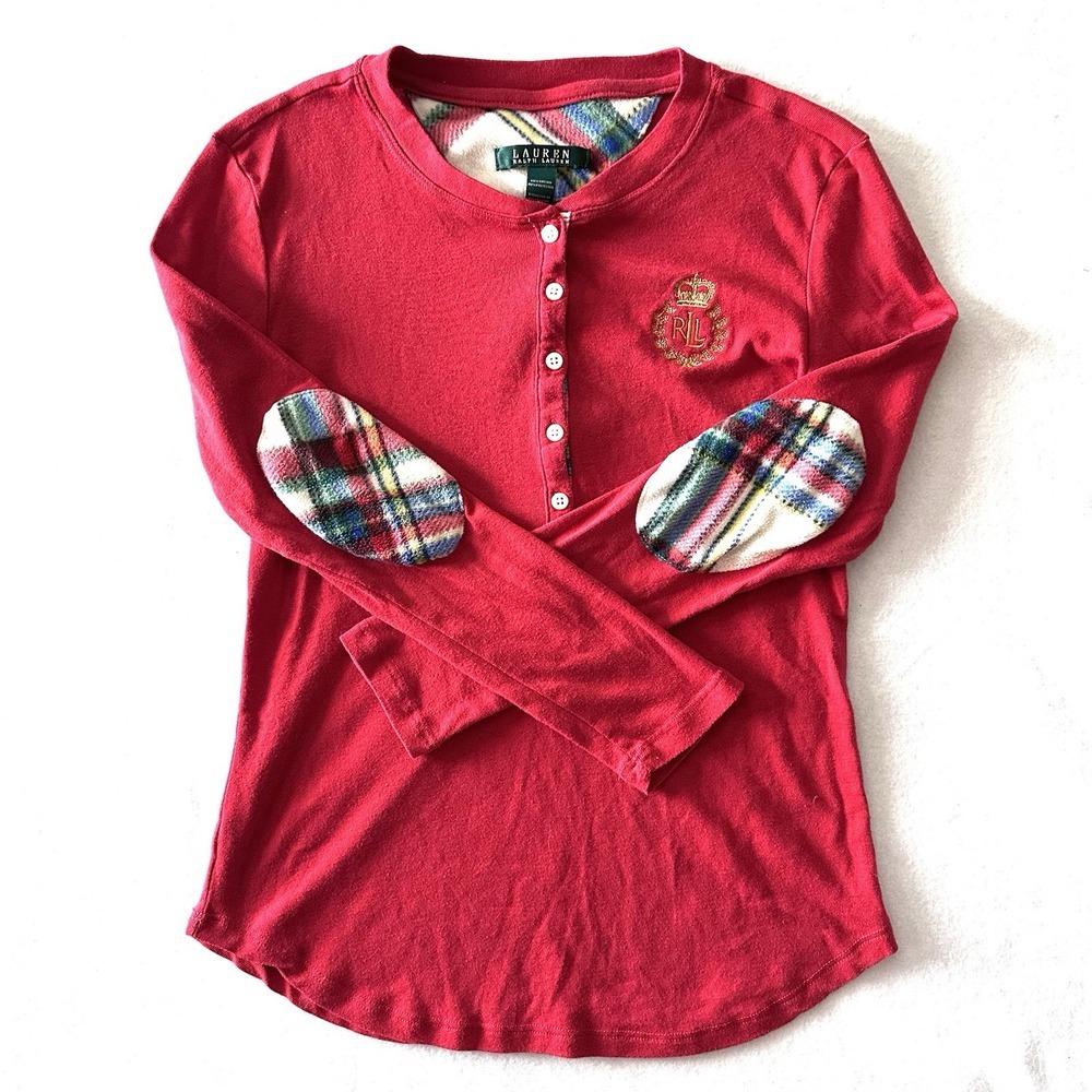 Ralph Lauren Womens Small Pajama Top Red Crest Solid Plaid Elbow Patch‎